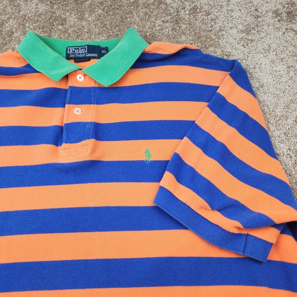 Polo Ralph Lauren Mens XL Blue Orange Striped Short Sleeve Pique Polo Shirt